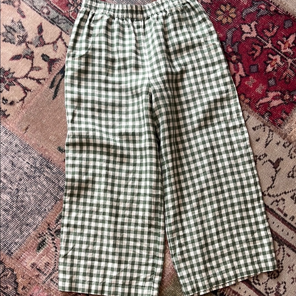 Linenfox Green and White Checkered Wide Leg Pants